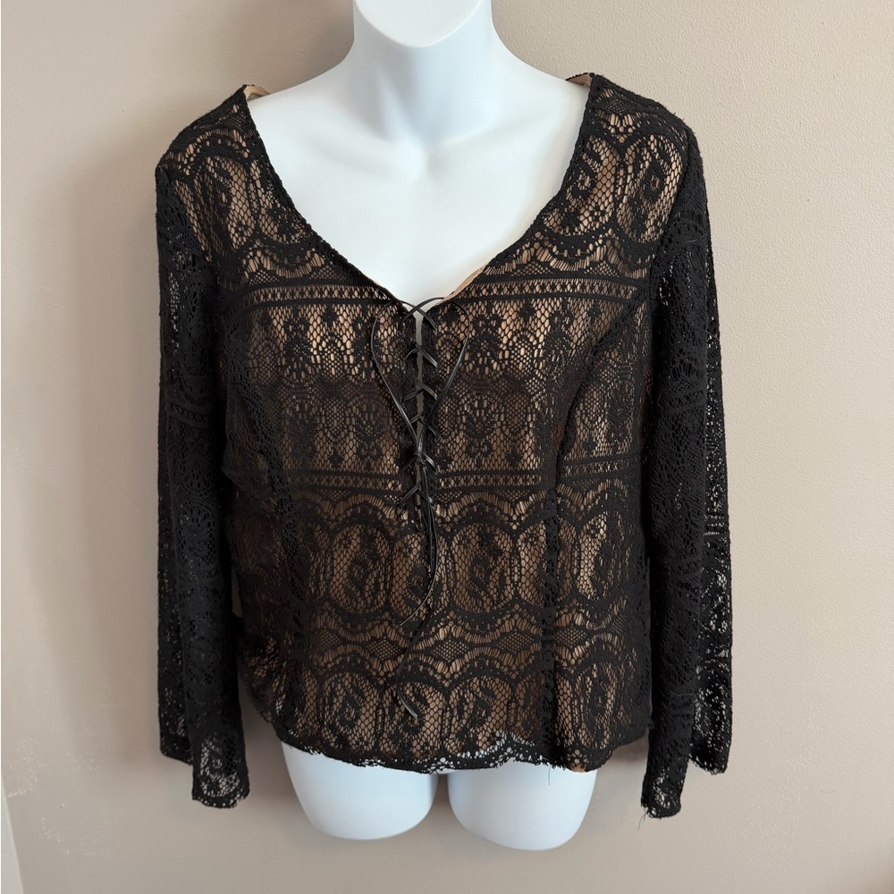 ICE Petite Black Floral Lace Up  Top petite medium